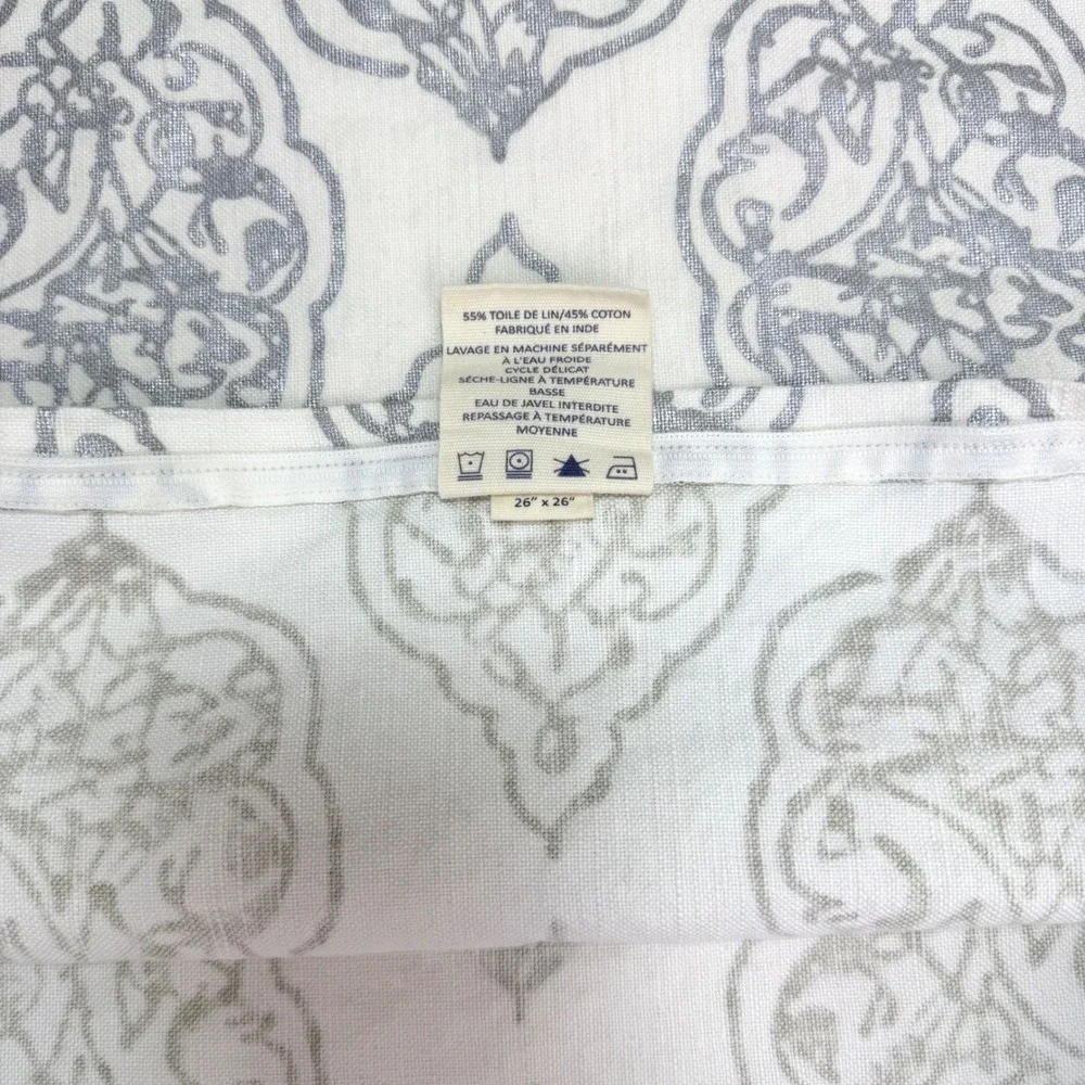 John Robshaw Linen Blend Euro Sham 26x26 Silver Metallic Block Print Zipper